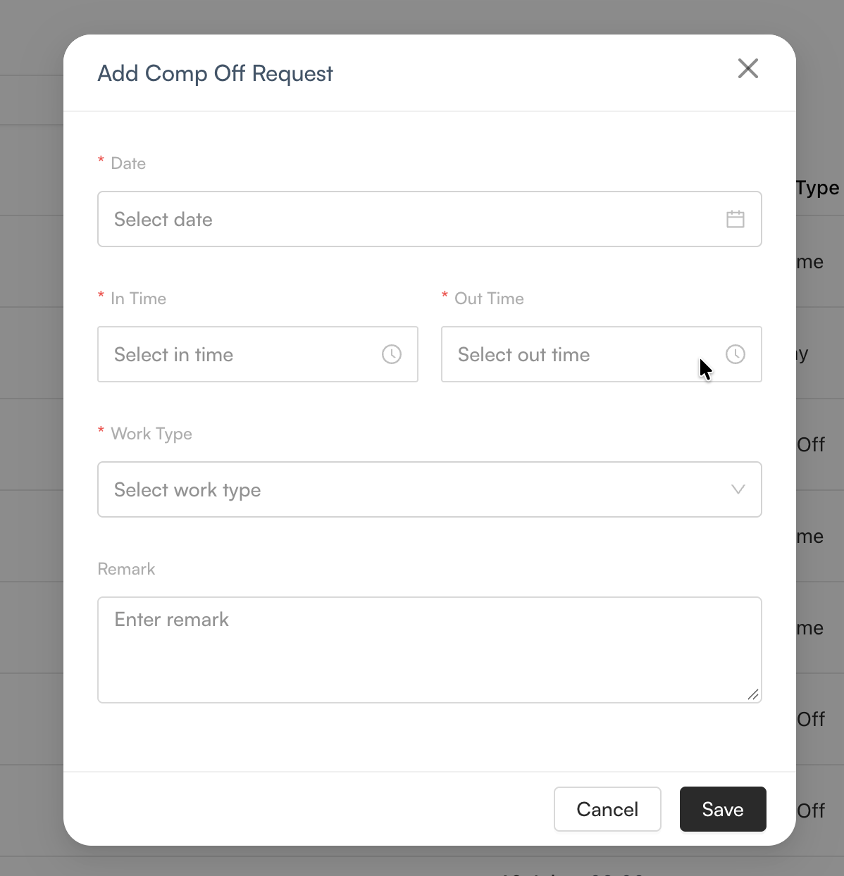 Add Comp Off Request form