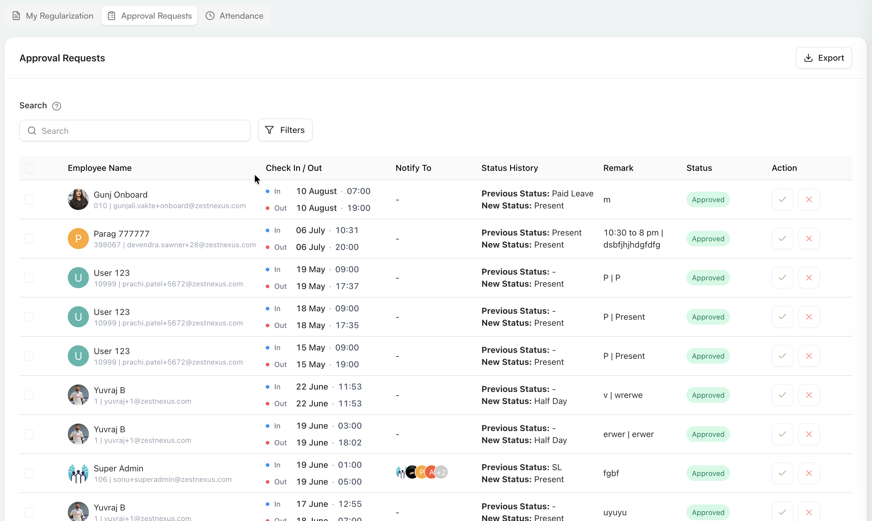 Approval Requests showing employee changes, request status, and approve or reject actions