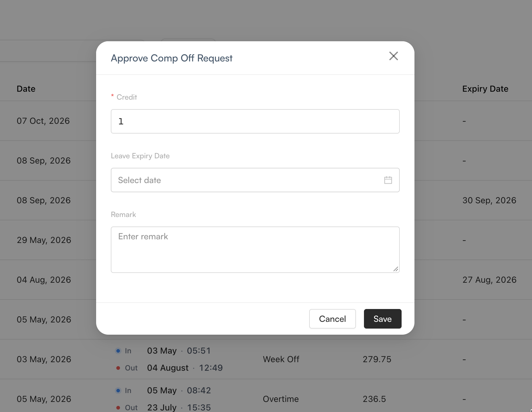 Approve Comp Off Request window