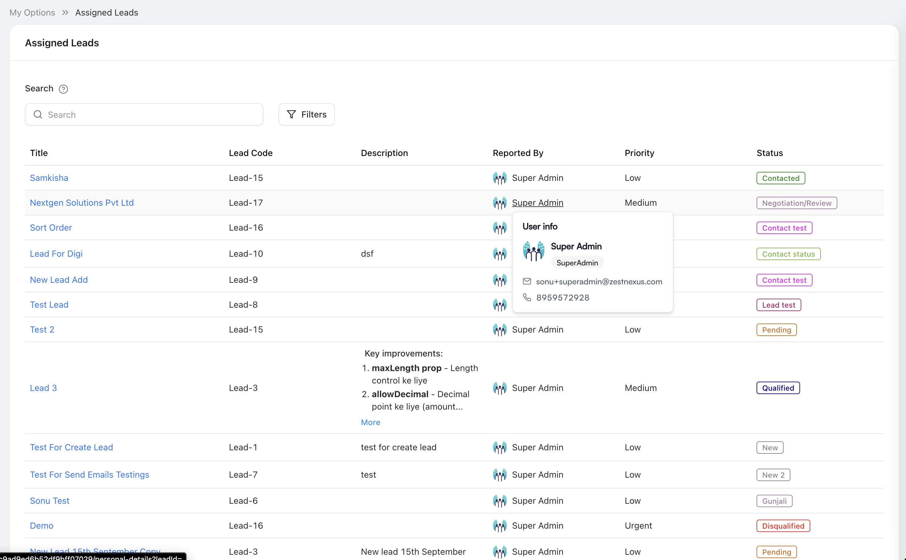 Assigned Leads list with search, filters, lead fields, and statuses