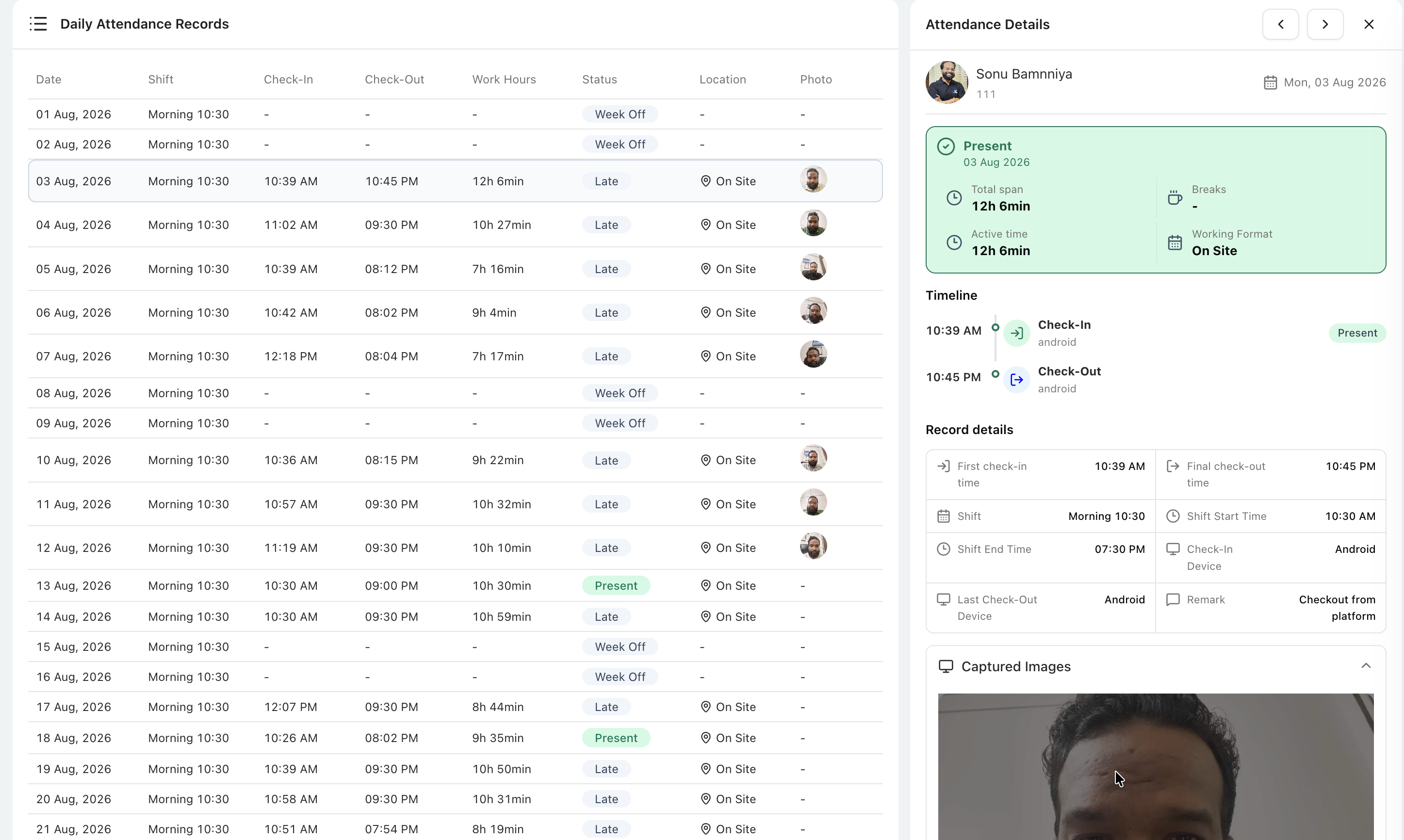 Attendance Details showing a selected employee, status summary, timeline, record details, and captured images