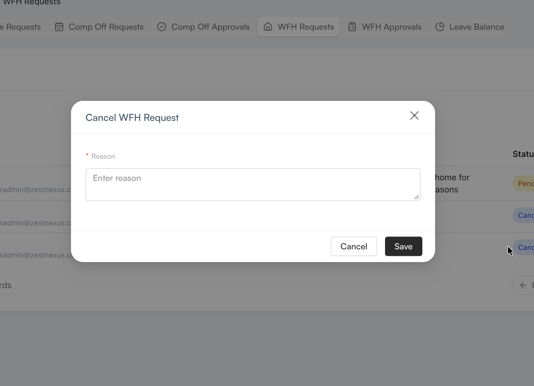 Cancel WFH Request window