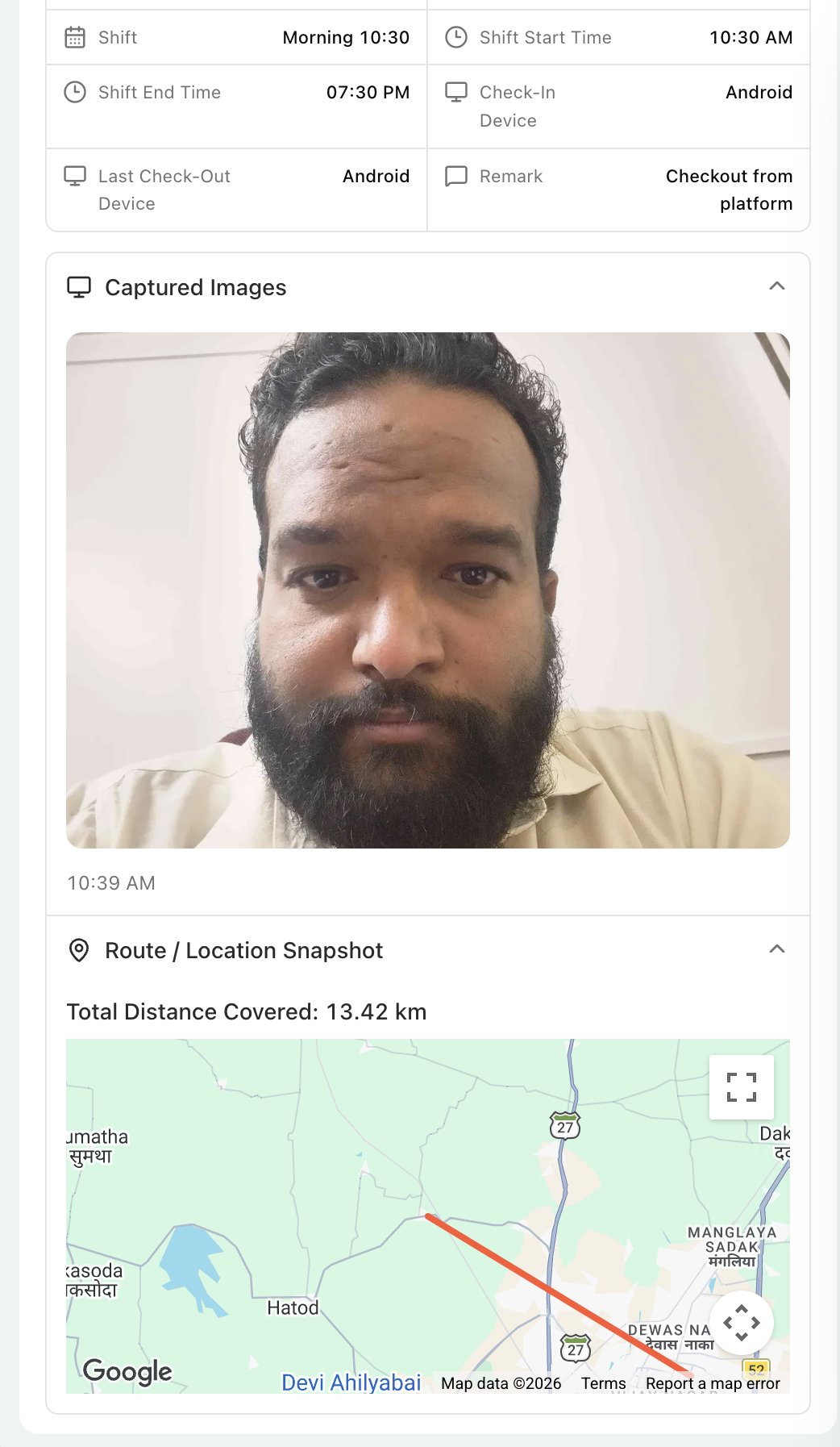 Attendance evidence showing a captured selfie, timestamp, total distance, and route map