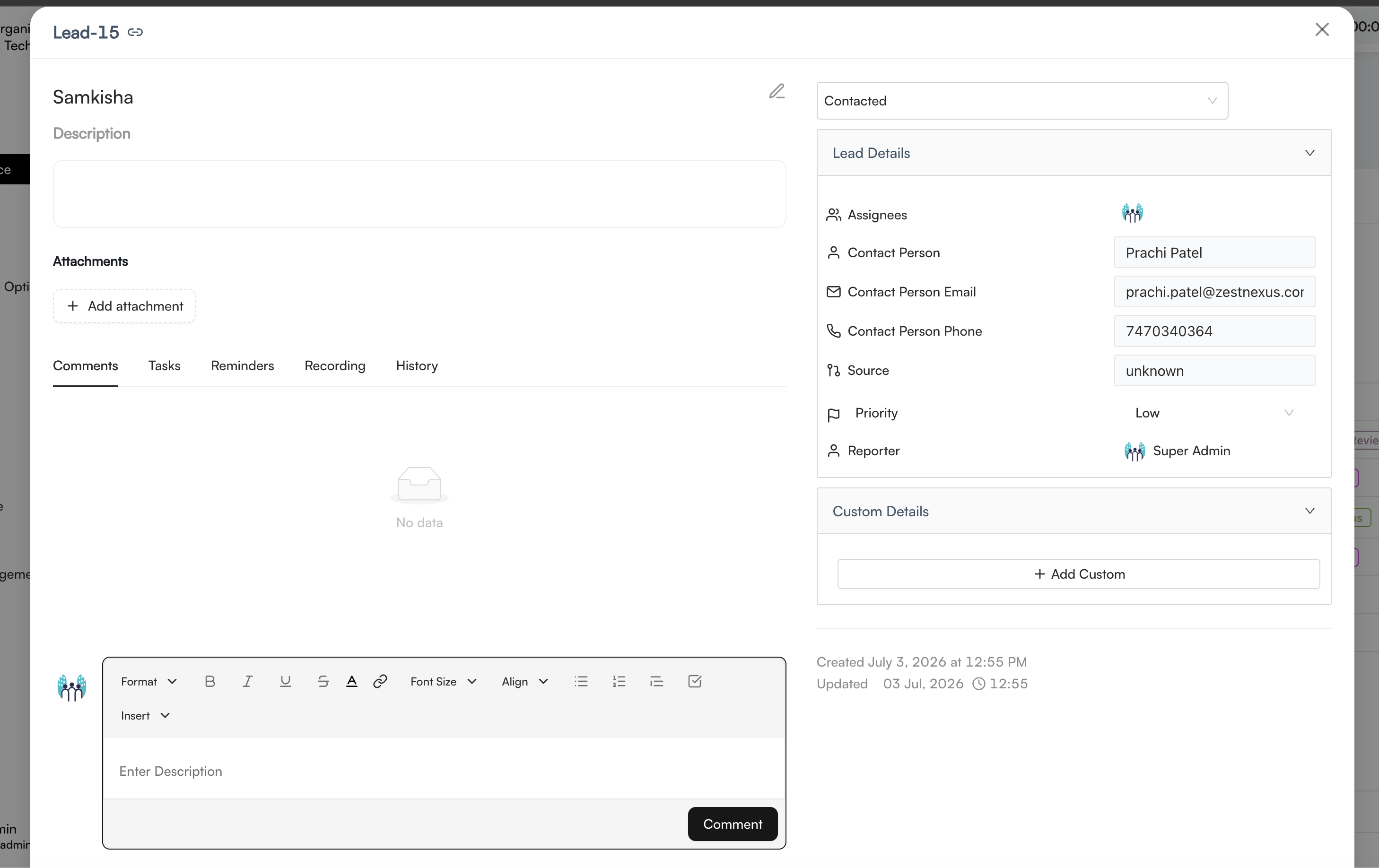 Lead details window with contact information, activity tabs, and comments