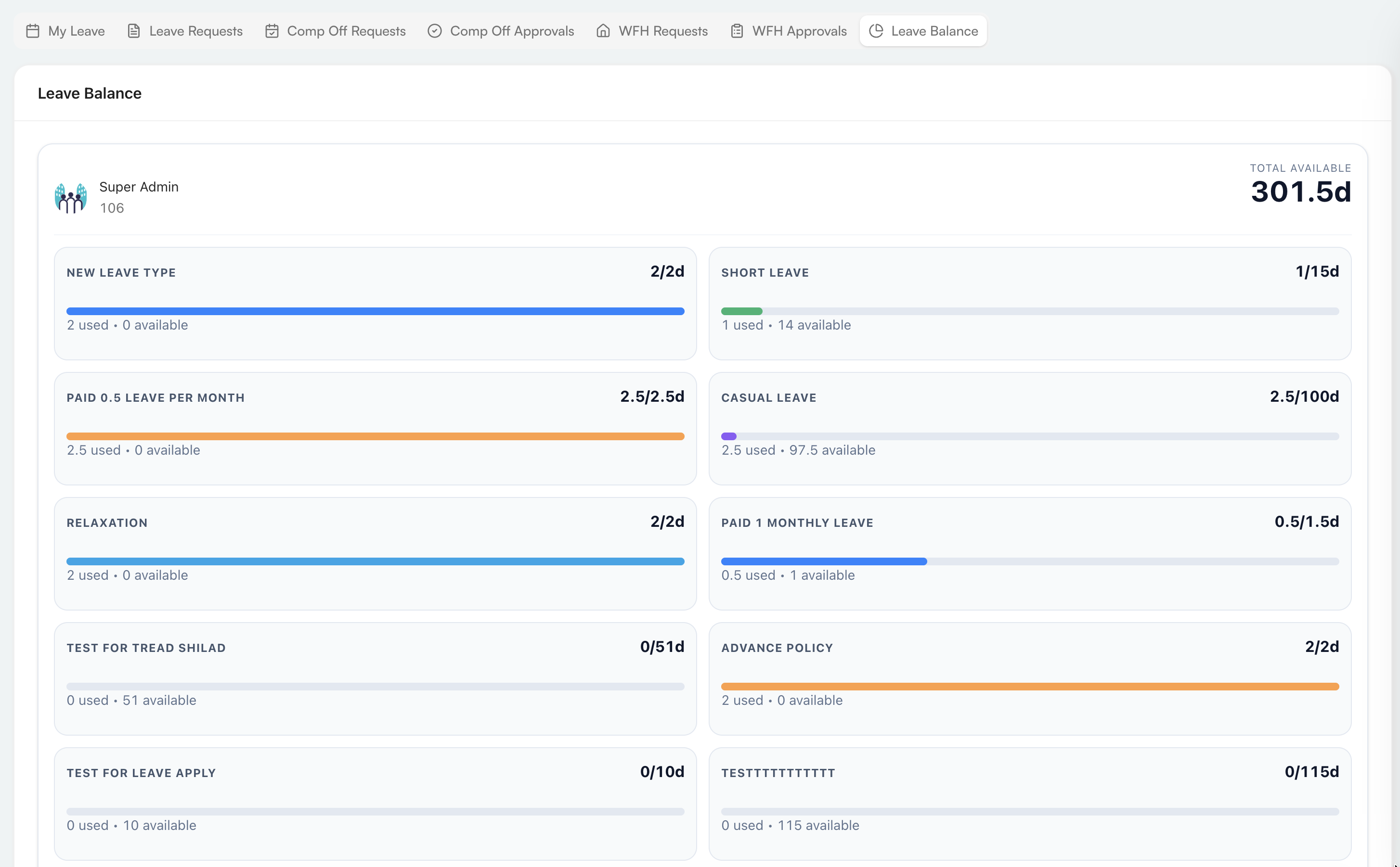 Leave Balance page with leave type usage cards
