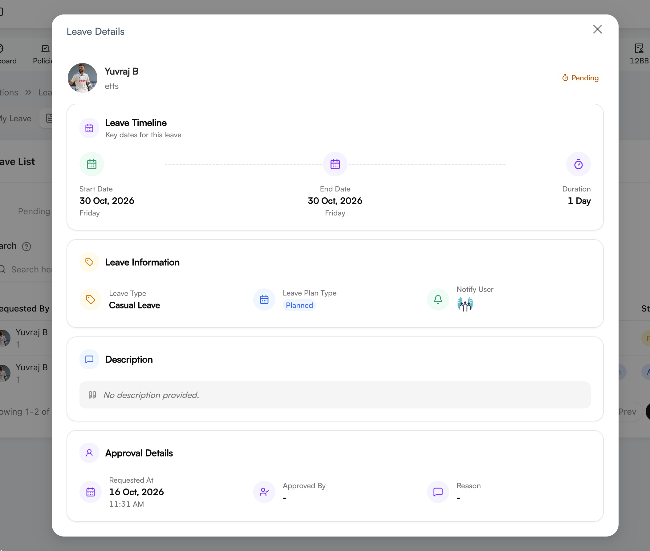 Leave Details window with timeline and approval information