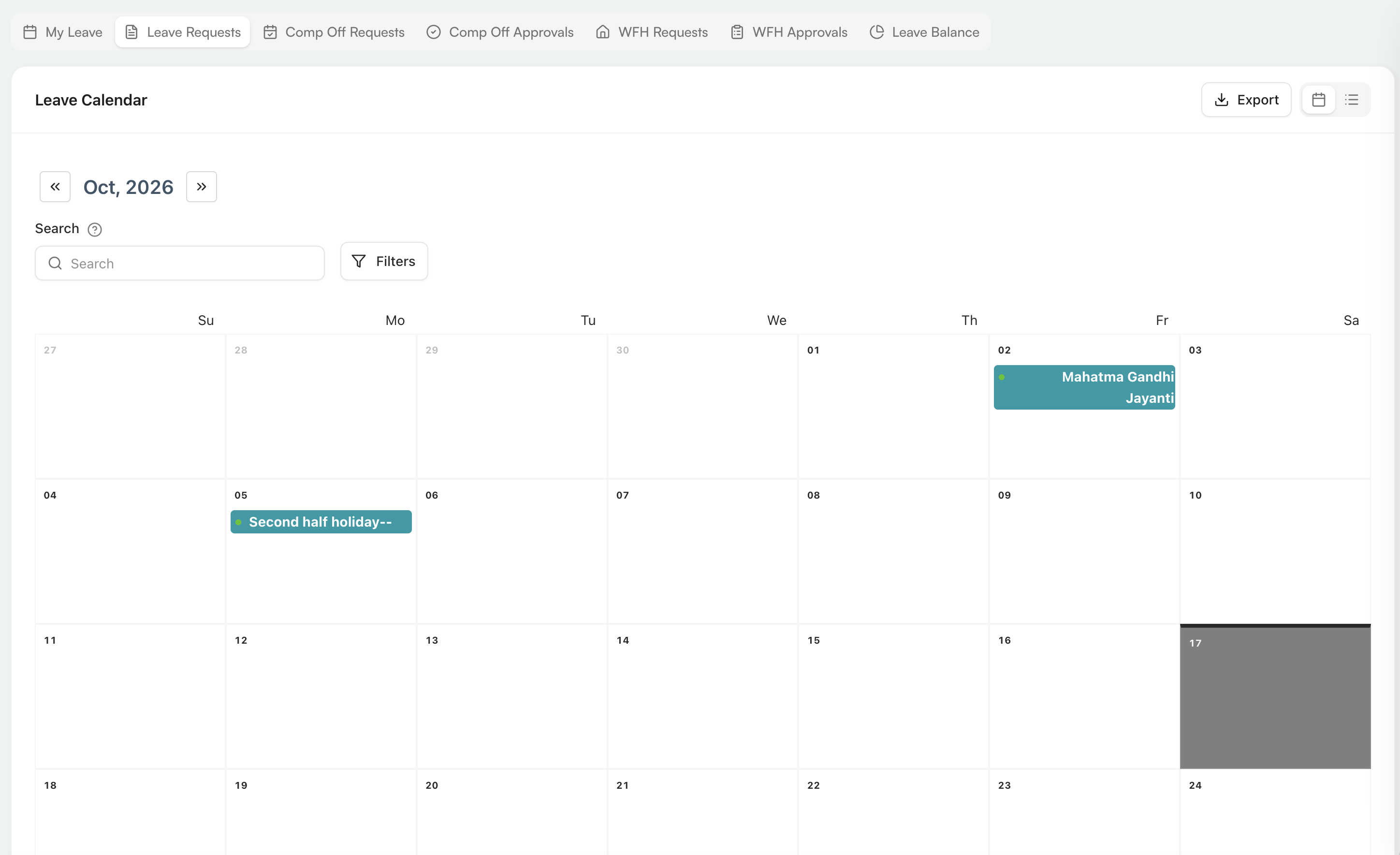 Leave Requests calendar view