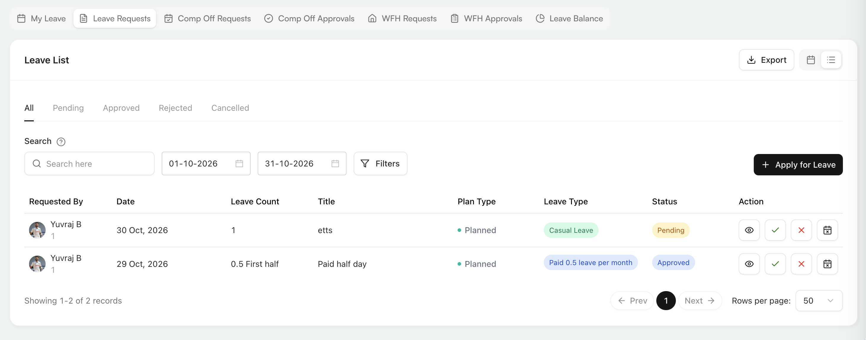 Leave Requests list view