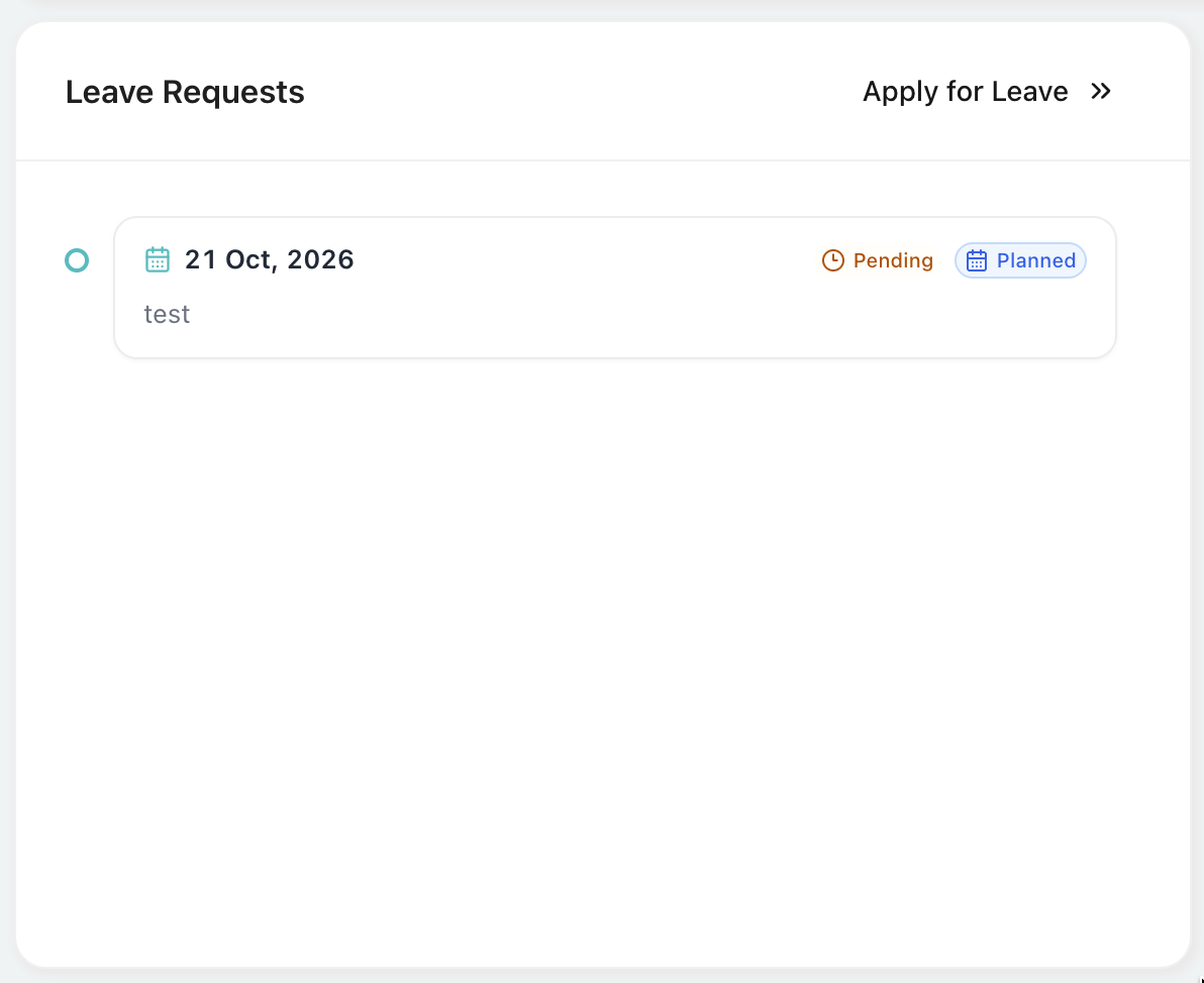 Leave Requests showing the leave date, description, approval status, leave type, and Apply for Leave action