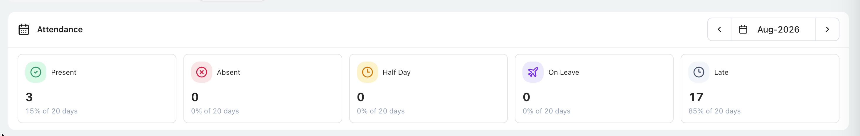 Attendance monthly summary showing present, absent, half-day, leave, and late totals