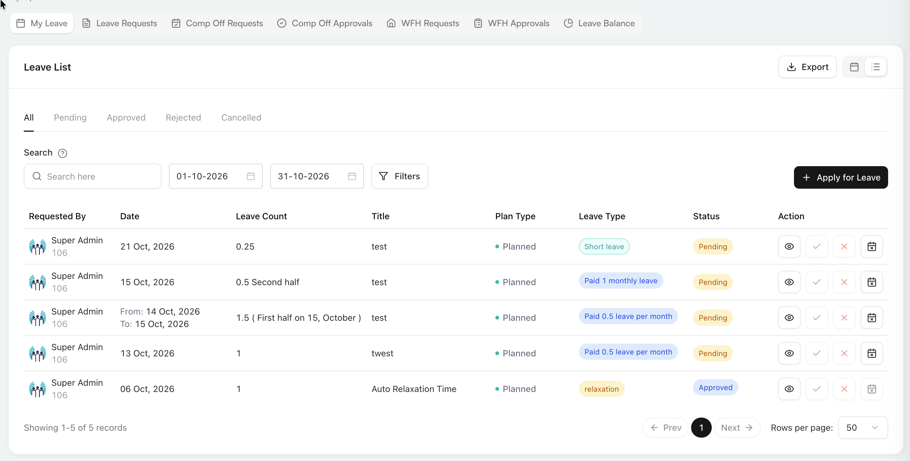 My Leave list view with request filters and actions