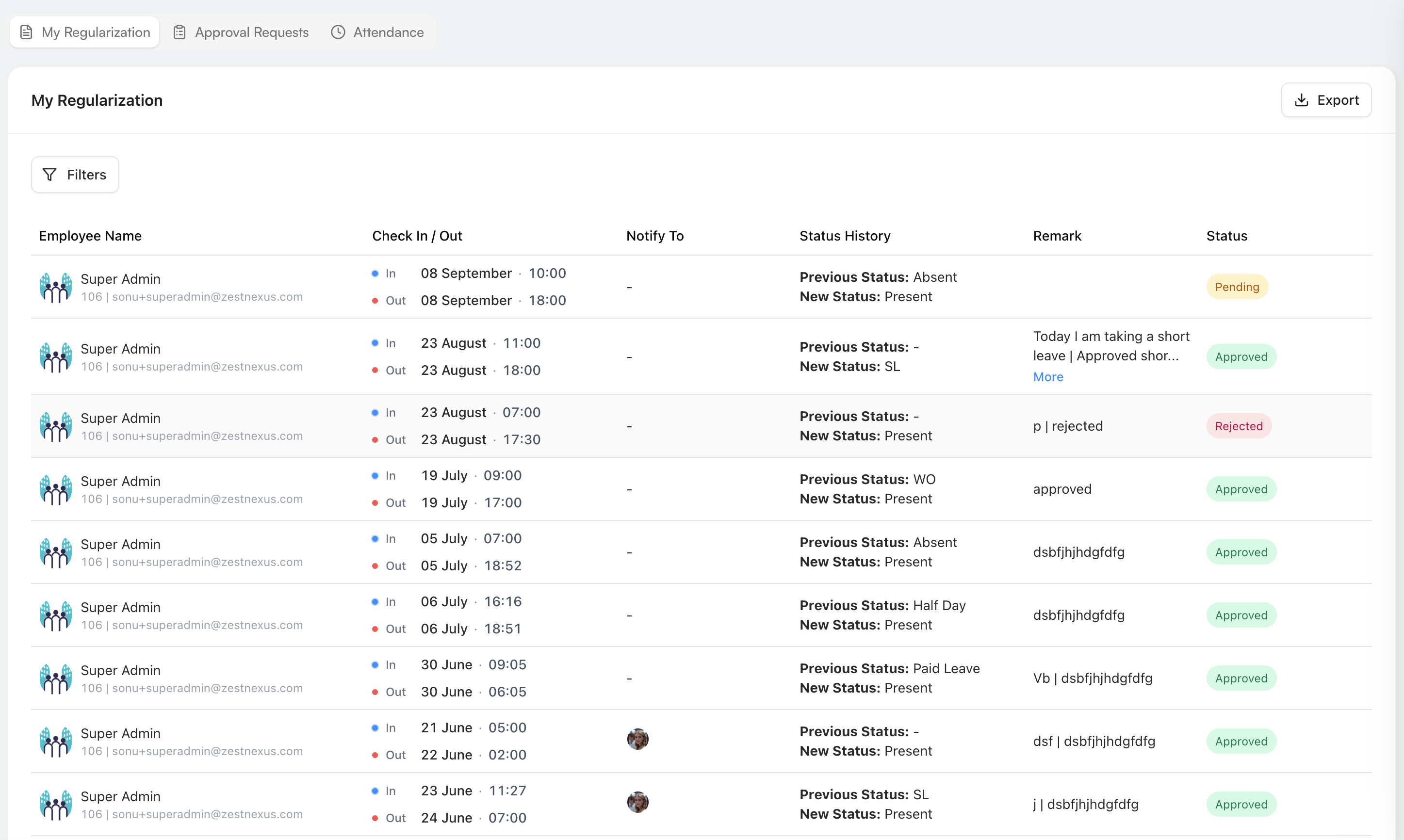 My Regularization showing check-in and check-out changes, status history, remarks, and request statuses