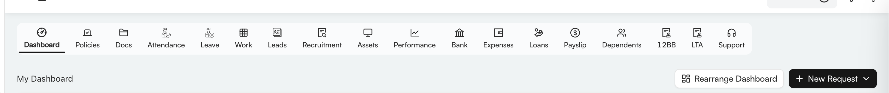 My Workspace navigation showing all employee self-service tabs
