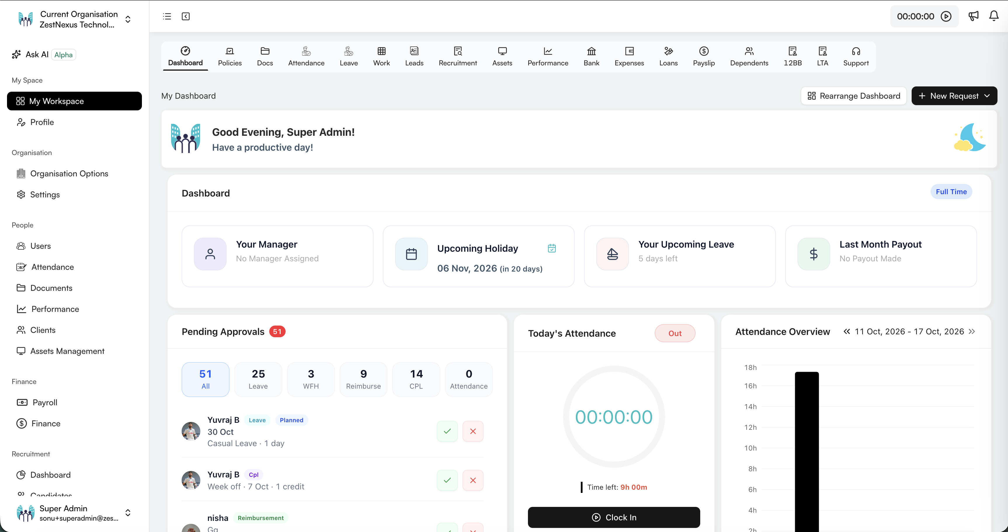 My Dashboard showing the personal summary cards, pending approvals, today's attendance, and attendance overview