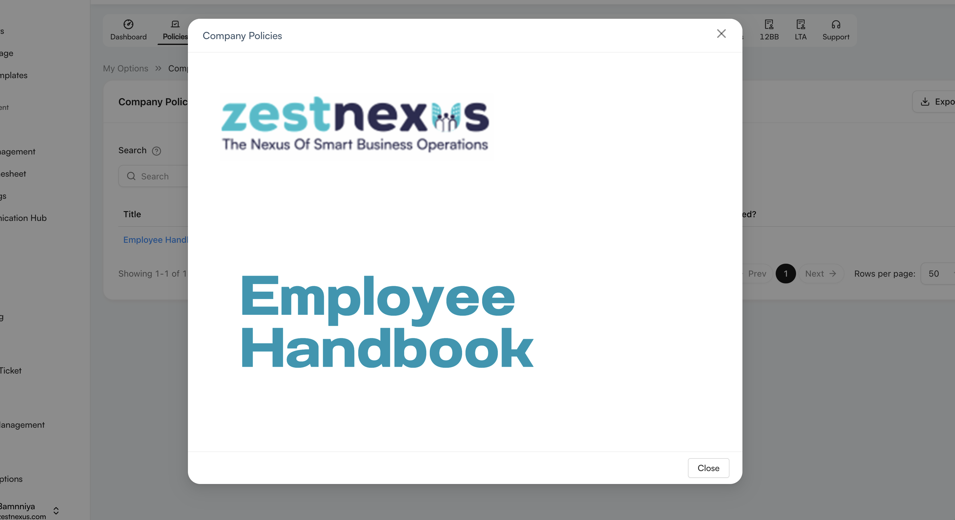 Company policy viewer showing an acknowledged Employee Handbook and the Close action