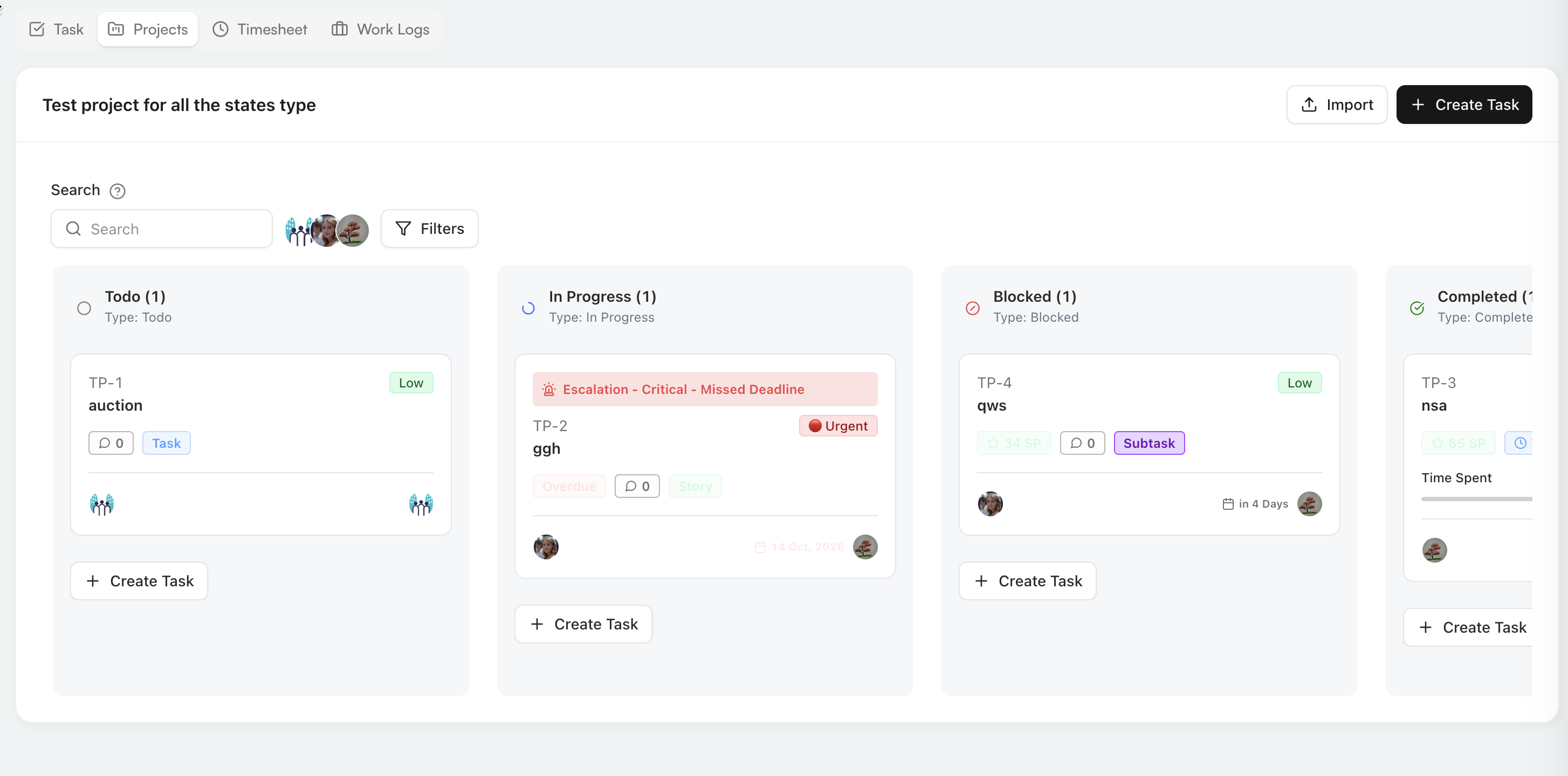 Project task board with an escalation banner