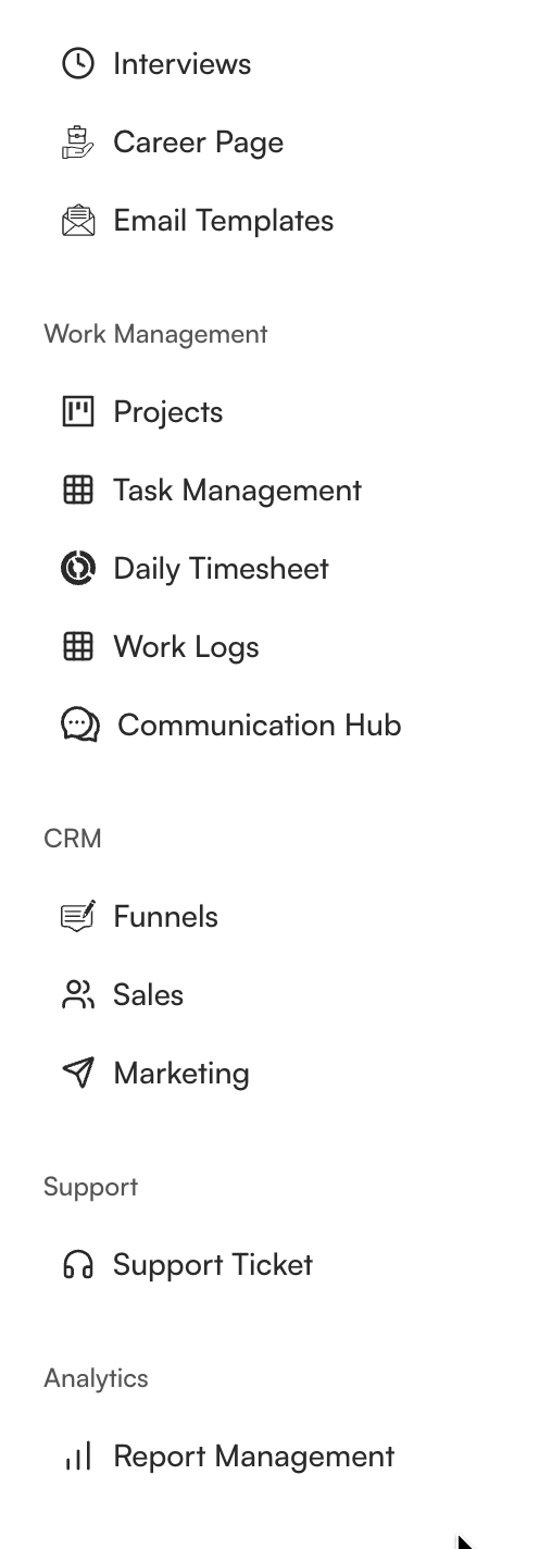 Bottom of the application sidebar, from Interviews through Analytics