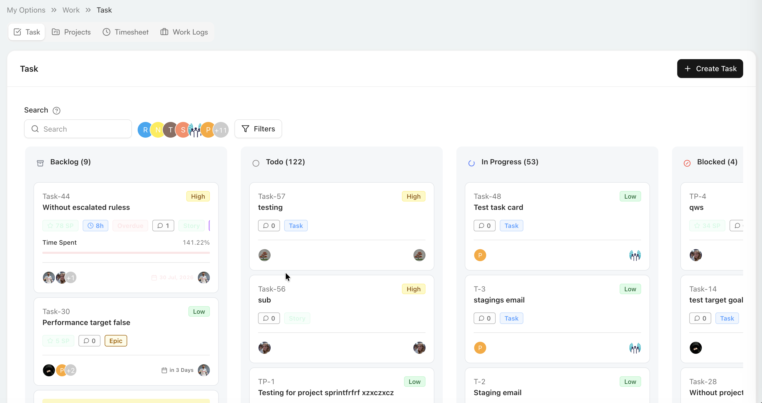 Task board organized into workflow columns