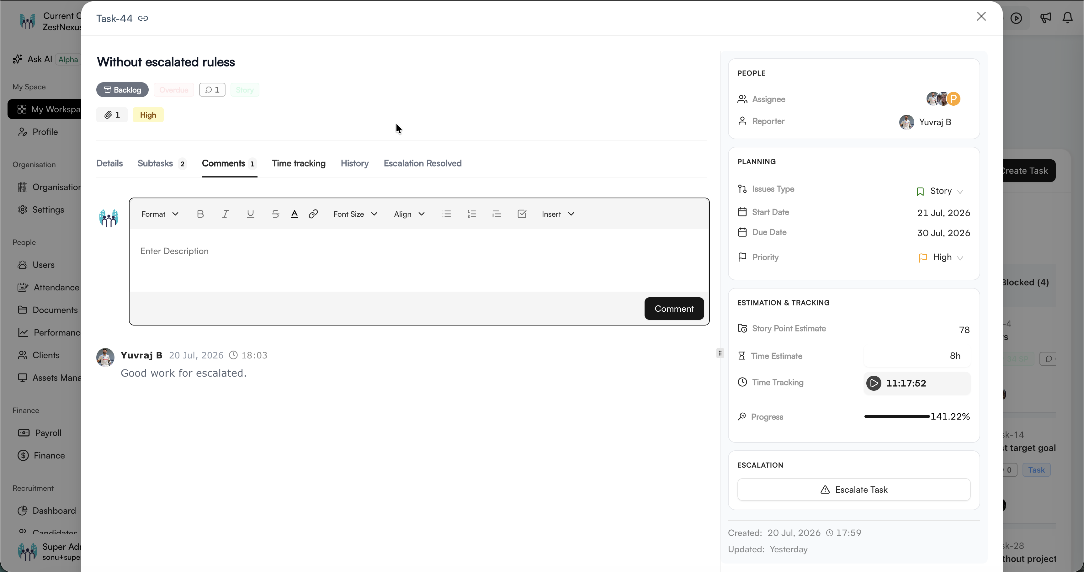 Task Comments tab with editor and existing comment