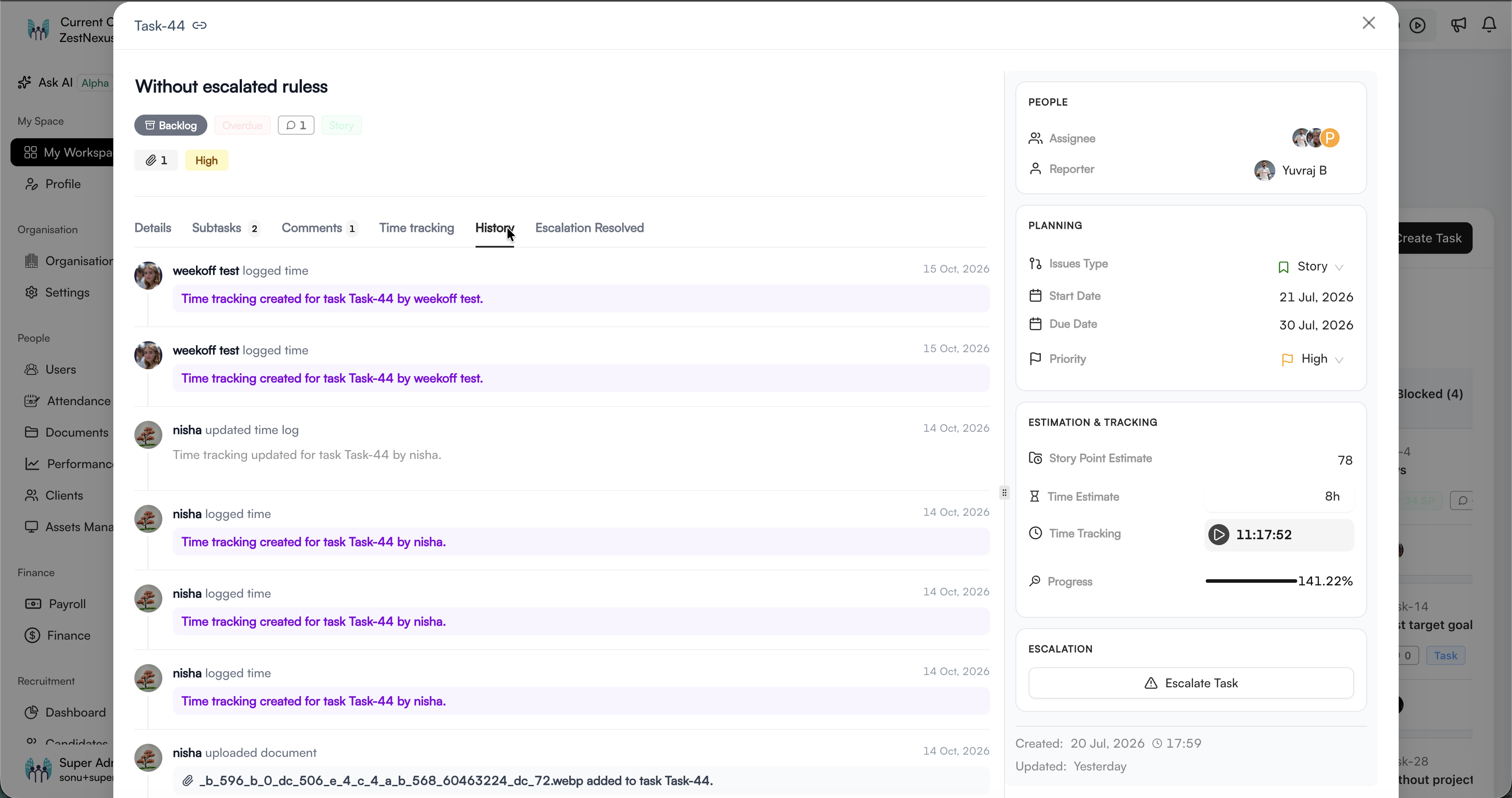 Task History tab showing recorded activity