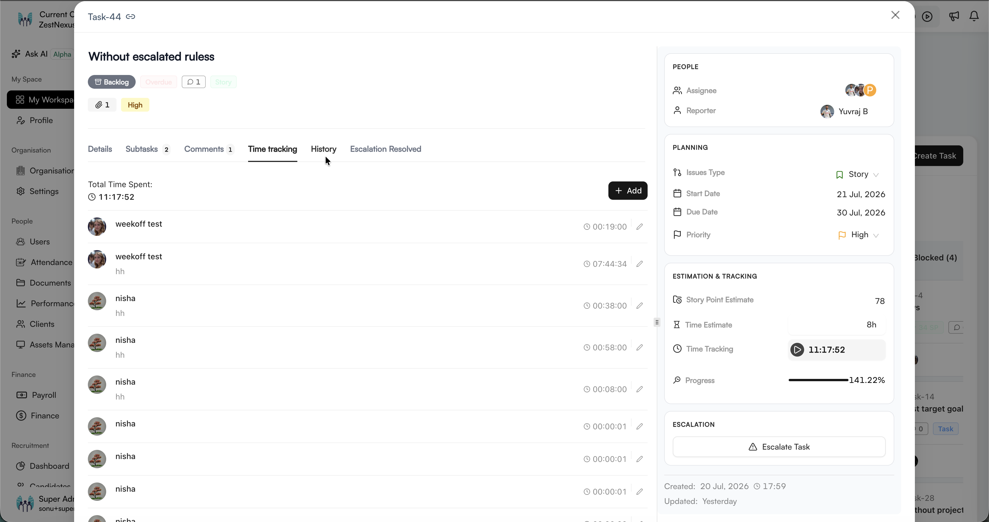 Task Time tracking tab with individual time entries