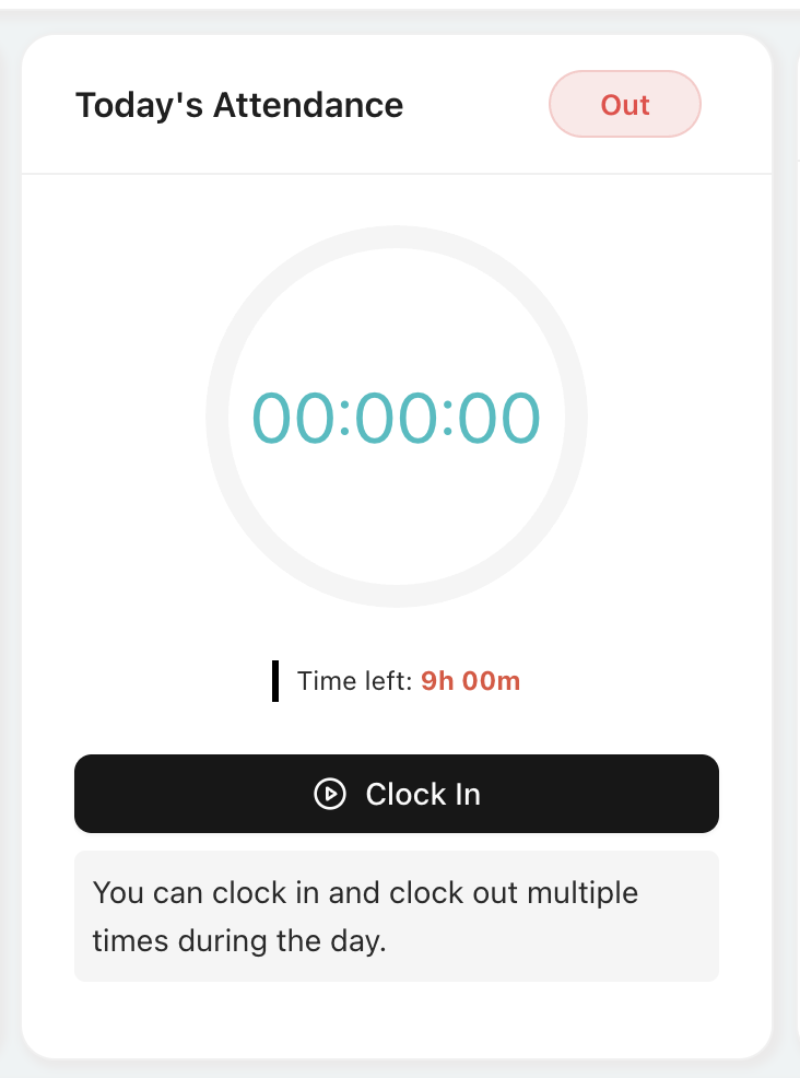 Today's Attendance showing current status, recorded time, remaining time, and the Clock In action